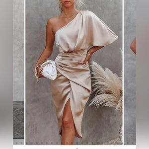 Champagne silk one shoulder drape dress - new with tags